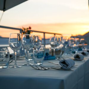 table, glassware, cutlery, silverware, stemware, nature, dining table, dinner table, table setting, table set-up, dinner, luxury, restaurant, sunset